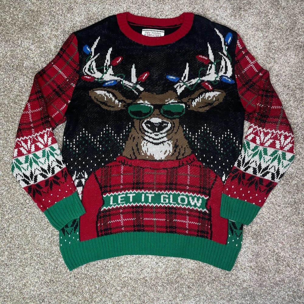 Ugly Holiday Knit Sweater Large Christmas Reindeer Let It Glow Lights Crewneck